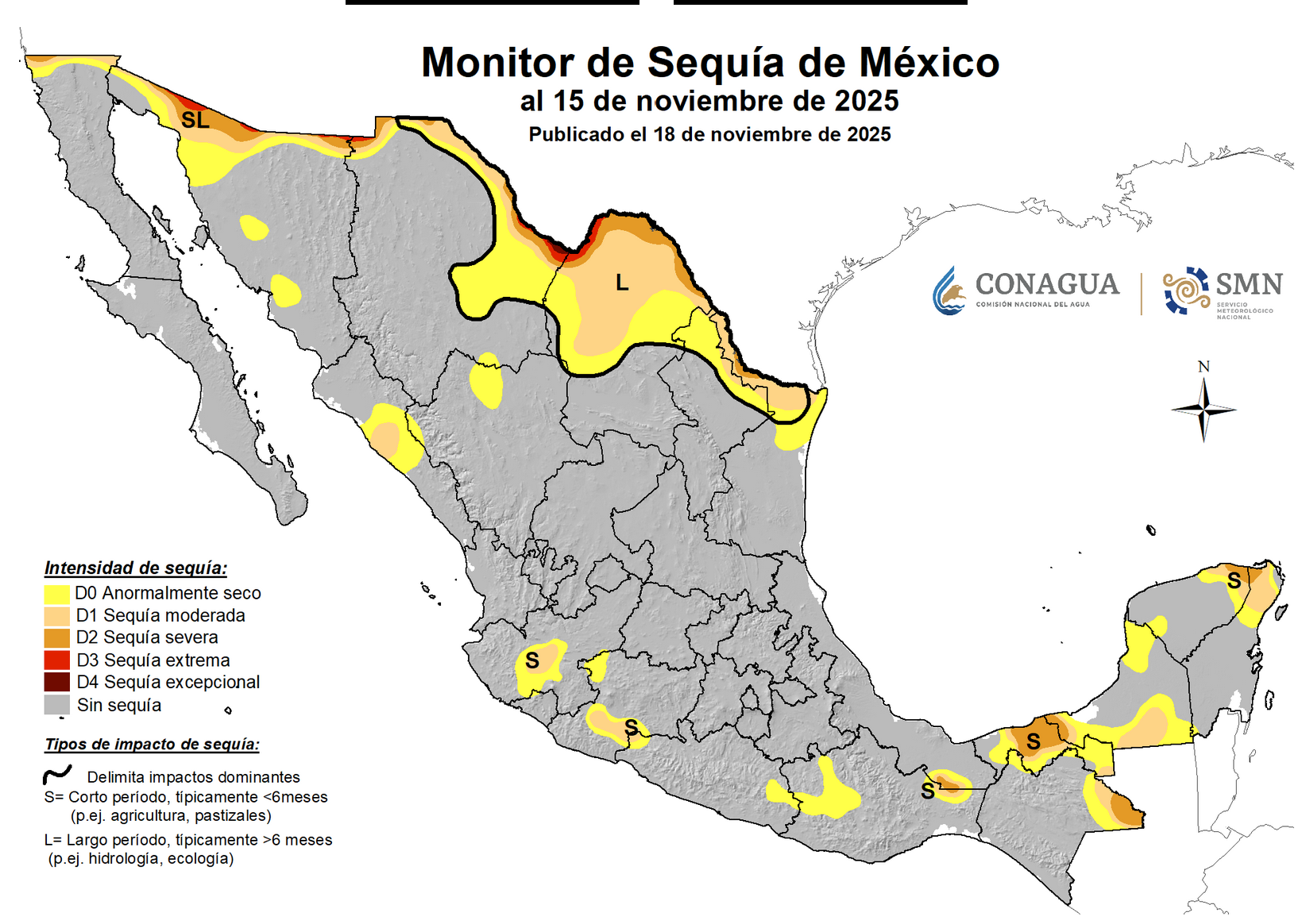Monitor de Sequía de México al 15 de noviembre de 2025, elaborado por CONAGUA y el Servicio Meteorológico Nacional.